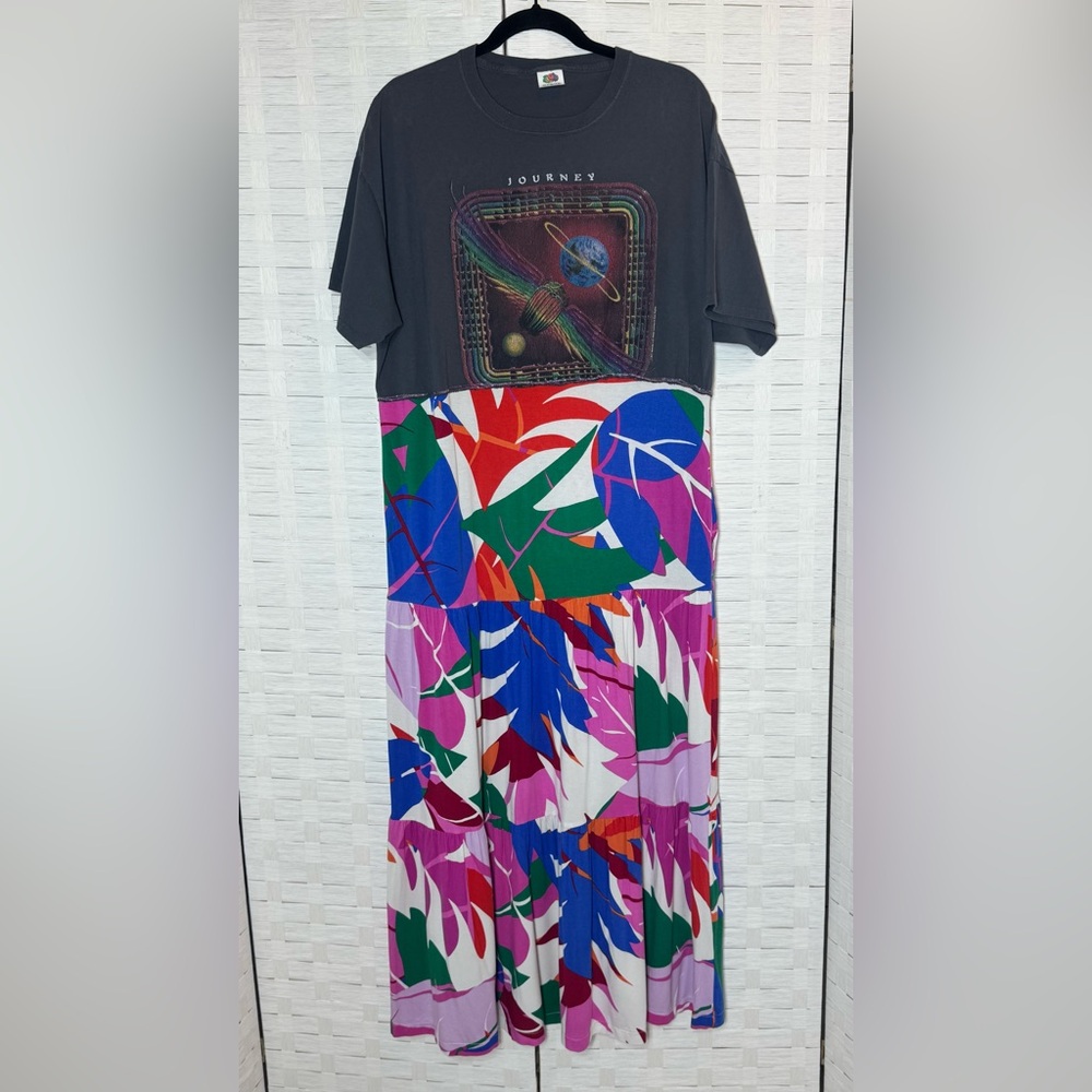Upcycled Journey Graphic Colorful Floral Boho Tiered T-Shirt Maxi Dress - Picture 2 of 10
